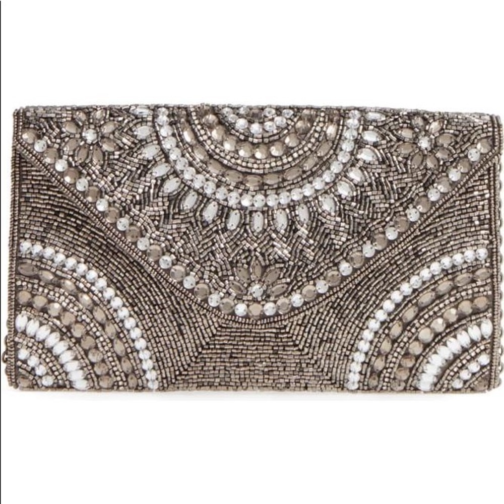 Glint metallic beaded clutch